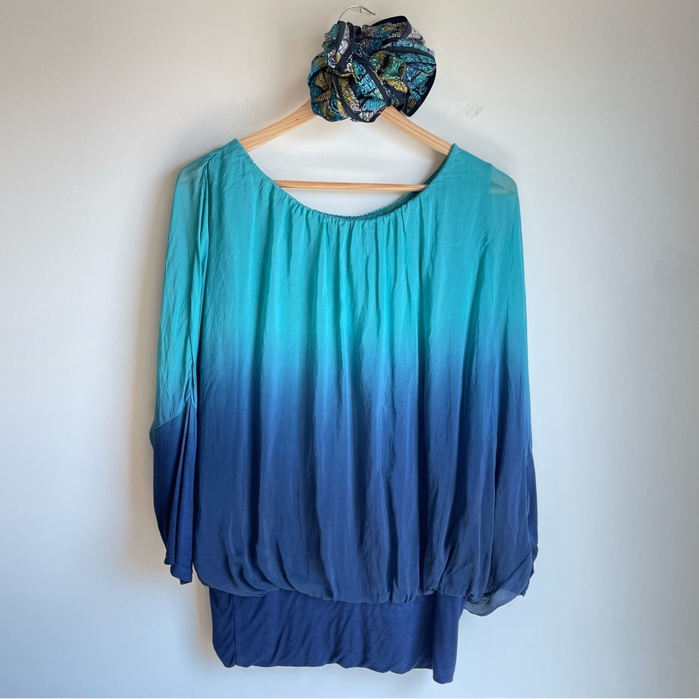 Womens Turquoise Navy Silk Blouse Top - Picture 2 of 16